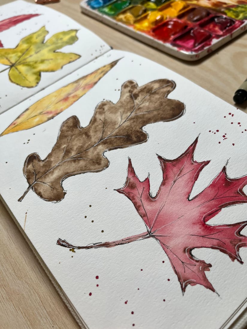 Ink and watercolor sketches of a brown oak leaf and a red maple leaf in an open sketchbook, with a watercolor palette