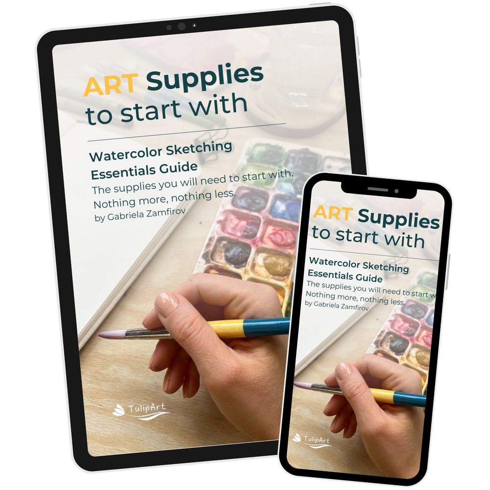 ART Supplies to start with — Watercolor Sketching Essentials Guide by Gabriela Zamfirov, shown on a tablet and phone